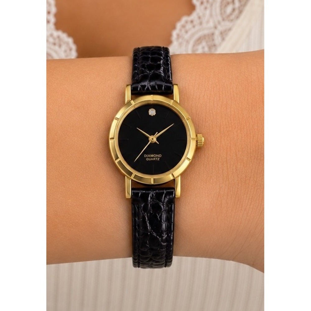 Generation Womens 90s Vintage Round Diamond Quartz Watch Gold Black Croc Leather